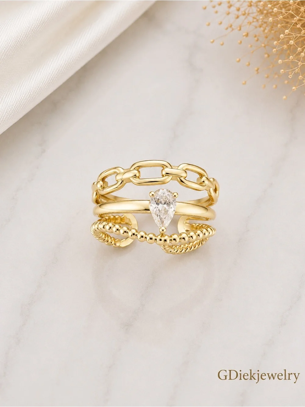 Gold Stacking Ring Set with Pear CZ